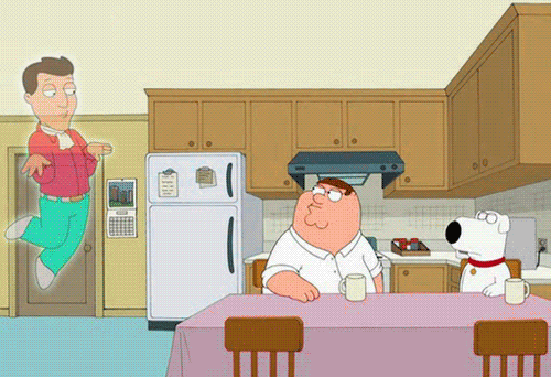 Cartoon gif. Peter on Family Guy sits at his kitchen table and looks up at a ghost of a man wearing an ascot and bright teal pants. The ghost floats in the air and struts around with his hands up towards his chest. The ghost says, “Boo to that outfit.”