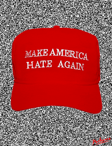 Digital art gif. Red baseball cap embroidered with white text reads "Make America Hate Again" against a staticky black and white background.