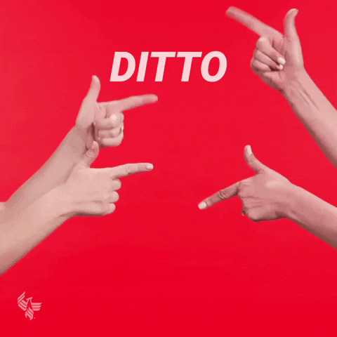Ad gif. Four hands pointing finger guns at each other against a red background with the University of Phoenix logo in corner. Text, "Ditto"