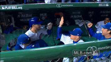 Sports gif. Kris Bryant walks through the dugout high fiving all his teammates on the Chicago Cubs during the 2016 World Series.