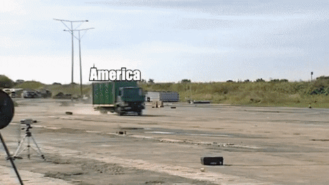 Meme gif. A speeding semi truck heads toward a bollard with no intention of stopping. The truck is labeled "America" and the bollard is labeled "Preventative gun legislation."
