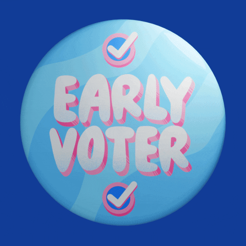 Digital art gif. Bubblegum blue button pin with bubblegum pink 3D letters and checkmarks spinning on its axis on a cobalt blue background. Text, "Early voter."