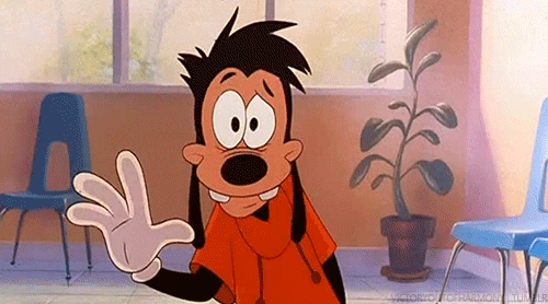 Movie gif. Max from Goofy Movie waves awkwardly at us, one eye squinting in hopeful anticipation as he mouths, "Hi."