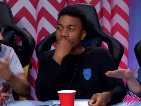 Video gif. Naeem on Hyper RPG waves his hand emphatically while saying, "we don't talk about that," which appears as text.