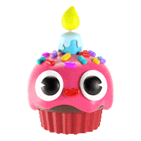 Sticker gif. Cute pink 3D cupcake has big googly eyes and a lit blue candle on top with sprinkles all around.