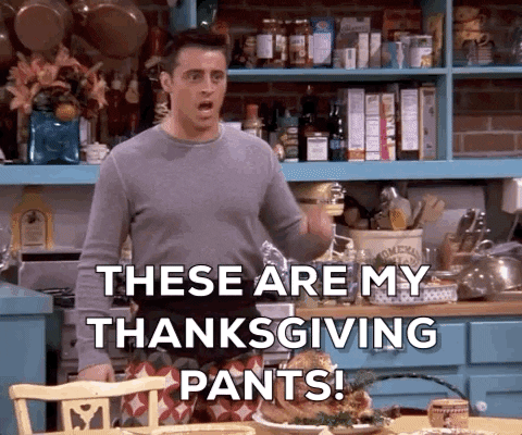 Friends gif. Matt LeBlanc as Joey points and pulls on the elastic waistband of his pants as he says, "These are my Thanksgiving pants!" which appears as text.