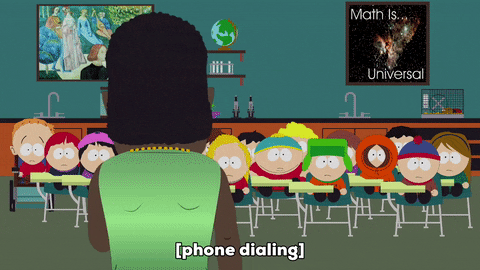 South Park gif. Kanye West speaks in front of a class but has to make a phone call. He angrily says, "Bitch, how you not the Hobbit again?" before timidly stuttering and saying, "Yeah, yeah, yeah, yeah. Right. Right, right, right, right, right, yeah. Okay, yep. Yep, let me--Okay, yep, I got it. Okay, I love you too." He gives a kiss to the person on the other end and hangs up.