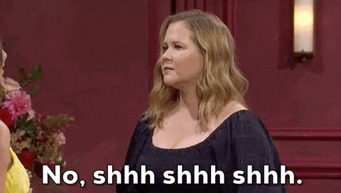 SNL gif. Amy Schumer says, "No, shh, shh shh," and steps forward to put both her hands on a woman's face, touching her cheeks and lips to shush her.