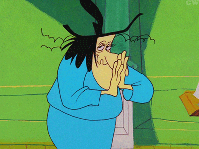 TV gif. Witch Hazel from Looney Tunes rubs her hands together in an up-to-no-good manner, as she plots a devious scheme. 