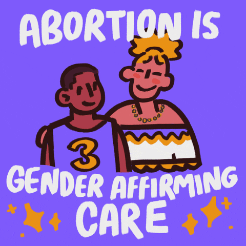 Digital art gif. Cycles through a series of illustrations of couples of different races and genders, all smiling and looking at each other calmly and happily. All-caps text, surrounded by sparkles, reads, "Abortion is gender-affirming care," against a bright purple background.