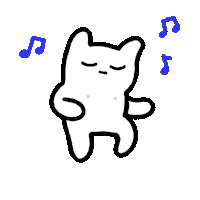 Sticker gif. White cartoon dog dancing peacefully to the cobalt blue music notes around them.