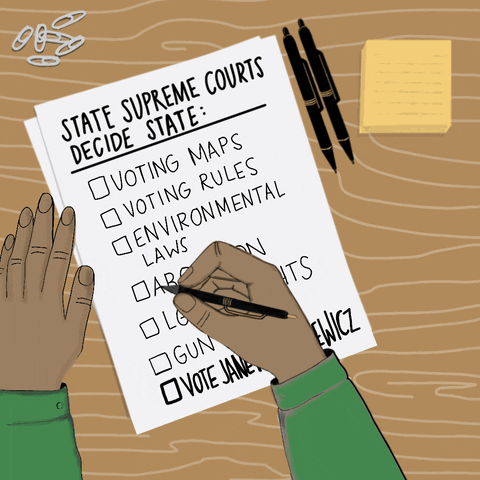 Political gif. Hand hovering above a checklist sitting on a desk entitled "State supreme courts decide state," checks off the boxes "Voting maps, voting rules, environmental laws, abortion, LGBTQ+ rights, gun laws," and "Vote Janet Pro-ta-say-witz."