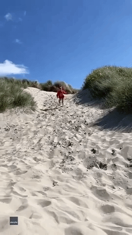 Kid's Sprint Down Sand Dune Results in Faceplant