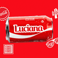 Sponsored gif. A red can of Coca-Cola with the name "Luciana" spins horizontally. Coca-Cola logos on bottle caps and sunglasses are in the background.