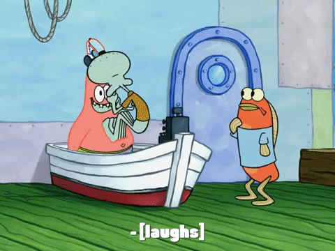 SpongeBob SquarePants. Standing on Patrick's belly at the Krusty Krab, Squidward pulls his nose from Patrick's mouth and goes flying while a customer watches curiously. Patrick laughs and then reaches down while saying, "Squidward's funny! Hey, a button," which appears as text.