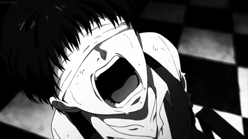 Anime gif. Kaneki Ken from Tokyo Ghoul has his eyes covered and his head is thrown back as he yells.