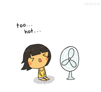 Cartoon gif. An overheated little girl sits in front of a fan, her hair blowing. Text, “too hot.”