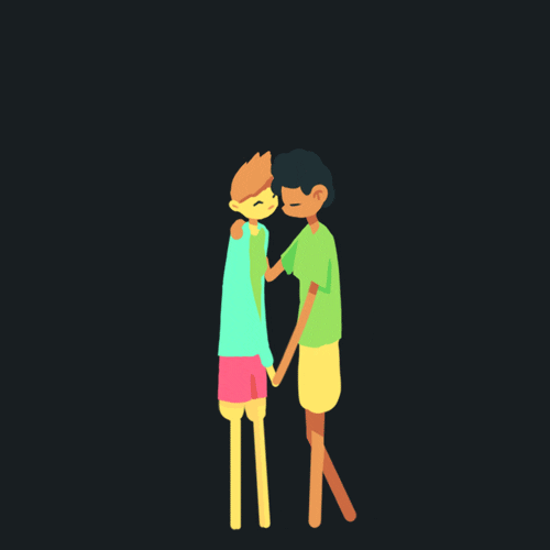Illustrated gif. Pink, orange, yellow, green, and black blobs of color transform into different pairings of people of various genders embracing, kissing, and holding hands.
