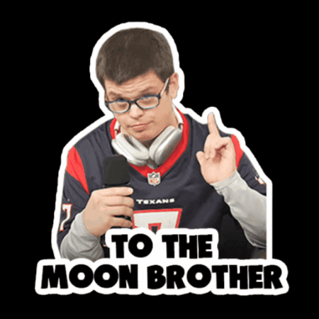 Photo gif. Man wearing a sports jersey and headphones around his neck holds a microphone and points up. Text, “To the moon brother.”