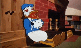 Disney gif. With hearts in his eyes, a smitten Donald Duck swoons against a wall as his heart beats wildly out of his chest.