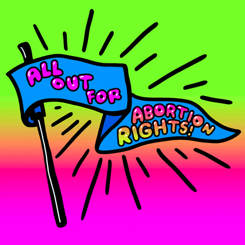 Digital art gif. Blue pennant waves over a rainbow background. Text, “All out for abortion rights!”