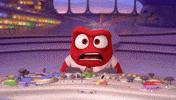 Cartoon gif. Anger from Inside Out is at the control table and he flares up, flames bursting out from his head.