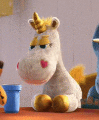 Disney gif. White stuffed unicorn from Toy Story 3 rolling its eyes.