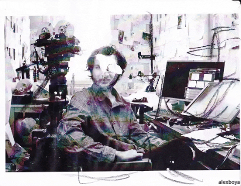 Illustrated gif. Black and white image of a man behind a work desk transforms into a pencil animation of a similarly posed whose head expands and then explodes.