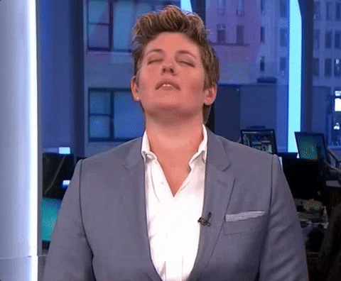Political gif. Sally Kohn, a commentator, stifles a laugh as she sighs and looks up towards the ceiling.
