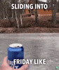 Video gif. A man swings toward a frozen lake on a rope swing and slides across the ice to a friend holding out an open beer. Text, "Sliding into Friday like..."