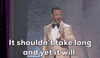 Oscars 2024 GIF. Jimmy Kimmel has changed suit jackets and is now rocking a shiny beige suit over a white shirt and black tie. He points his index finger at us and the audience and declares, "It shouldn't take long and yet it will."
