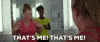 Movie gif. Amy Schumer as Renee in I Feel Pretty, looking at her self in the mirror in disbelief and pointing at herself while saying, "that's me! That's me!" which appears as text. Sasheer Zamata as Tasha stands behind her, nodding and smiling.