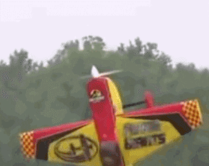 Video gif. A toy plane is spinning in the sky and a distraught face is edited on the bottom.