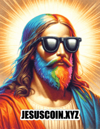 Digital art gif. Slow zoom on AI portrait of Jesus wearing dark sunglasses, rays of light around him, his hair and beard dyes the colors of the rainbow. Text, "Jesuscoin dot x y z."