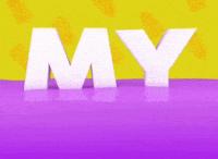 Text gif. The word "my" floats in a purple liquid against a background of yellow printed pineapples.