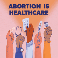 Digital art gif. Diverse collection of hands waving in front of a watercolor-orange background a bandage, a stethoscope, a plan B pill, a thermometer, and a prescription bottle, below the message, "Abortion is healthcare."