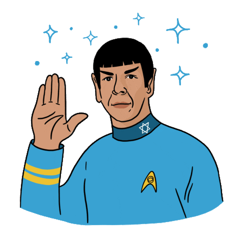 Illustrated gif. Spock throwing the Live Long and Prosper gesture, the Star of David on the collar of his uniform.
