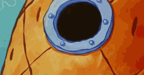 SpongeBob SquarePants gif. We are looking at the exterior of SpongeBob's house as he slowly creeps up to peer out the window.