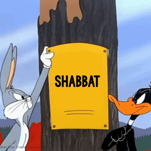 Cartoon gif. Bugs Bunny and Daffy Duck bickering, take turns ripping down a posted notice to reveal another, "Shabbat, Shabbos, Shabbat, Shabbos."