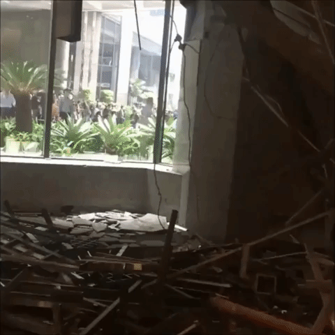 Debris Fills Indonesia Stock Exchange Lobby After Balcony Collapse