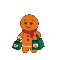 Sponsored gif. An illustration of a gingerbread woman wearing a red scarf, happily walking and holding two green shopping bags with the Canada Dry logo. Text: "Holiday Shopping" 