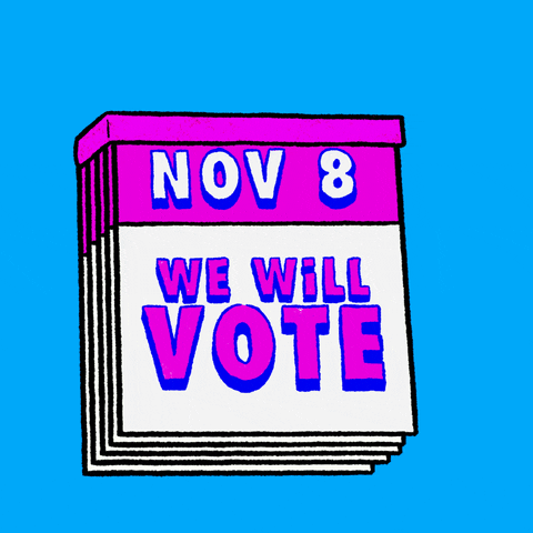 Digital art gif. Purple and white desk calendar pages are pulled away against a bright blue background. The pages read, “Nov 8 we will vote, Nov 9 they will start chaos and lies, Nov 10 we will start counting every vote & we will win.”