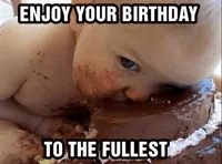 Video gif. A messy, naked baby smushes its face into a chocolate cake, one eye staring at us as it lazily consumes the cake without hands. Chocolate is smeared across its face and body. Text, 