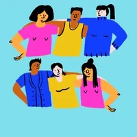 Illustrated gif. Two diverse trios of friends, arms around each other's shoulders, a handwritten appears, 