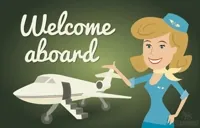 Digital art gif. An air attendant points at a small jet and smiles at us. Text, 