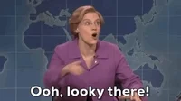 SNL gif. Kate McKinnon as Elizabeth Warren on Weekend Update pointing to the right and saying 