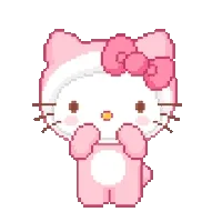 Sticker gif. Hello Kitty is wearing a pink body suit and she dances side to side with her paws at her face. She blushes and pink hearts appear next to her.
