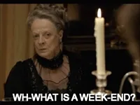 TV gif. Maggie Smith as the Dowager Countess in Downton Abbey looks ahead confused. Text, 