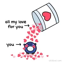 Cartoon gif. A jar with a heart label floats in mid air, pouring out dozens of small hearts onto a round, blushing chibi penguin. The image is diagrammed: The jar is marked 