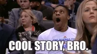Sports gif. NBA player Russell Westbrook yawns in the stands. Text, 